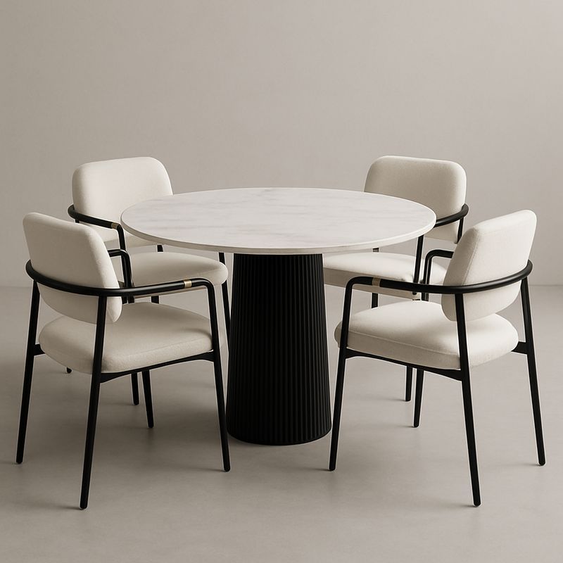Table ronde en marbre et 4 chaises en acier et tissu blanc-Havenoviva