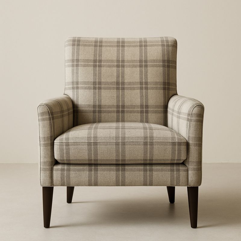 Fauteuil en tissu à carreaux beige avec pieds en bois-Havenoviva