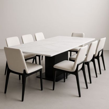Table en Marbre Blanc avec 8 Chaises en Tissu Crème-Havenoviva