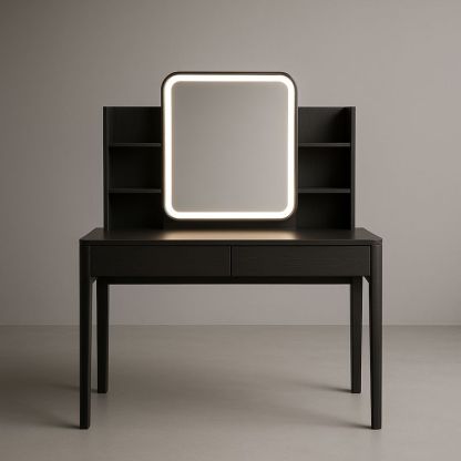 Coiffeuse en Bois Noir avec Miroir LED et Étagères-Havenoviva