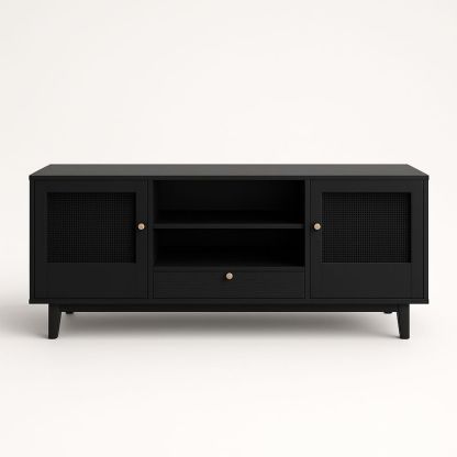 Meuble TV en bois noir avec portes grillagées et tiroir-Havenoviva