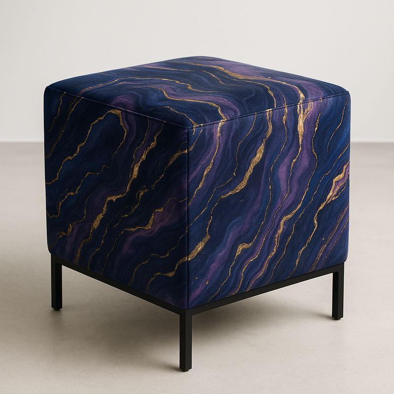 Pouf carré en velours avec pieds en métal Noir et motif marbré Bleu/Violet/Or 40 cm-Havenoviva