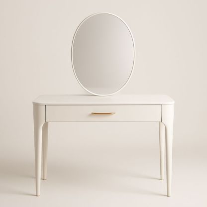 Coiffeuse en MDF Blanc avec Miroir Ovale et Tiroir Métal Doré-Havenoviva
