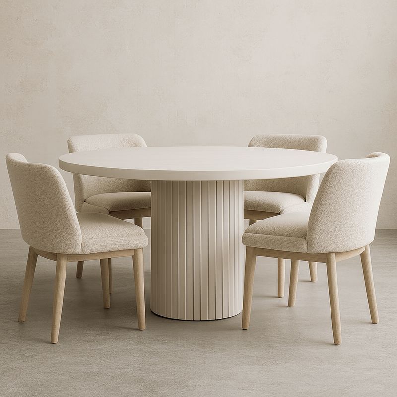 Table Ronde en Bois avec 4 Chaises en Tissu Beige-Havenoviva