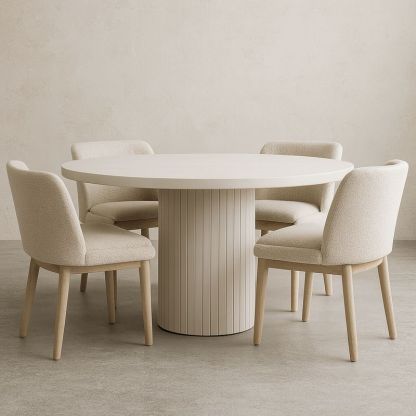 Table Ronde en Bois avec 4 Chaises en Tissu Beige-Havenoviva