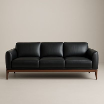 Canapé 3 places cuir noir structure bois 230cm-Havenoviva