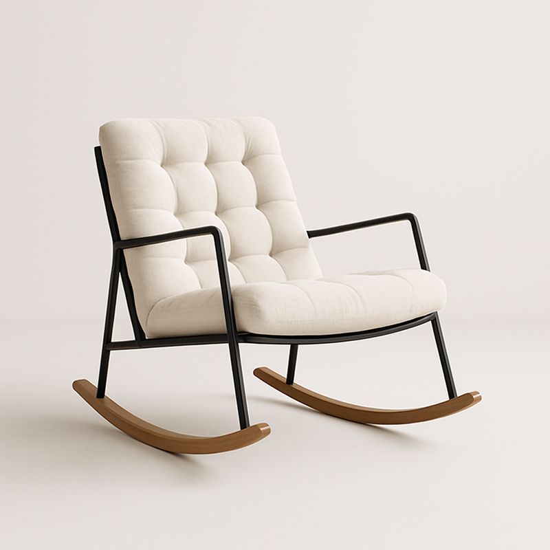 Fauteuil à bascule en lin crème avec cadre métallique noir-Havenoviva