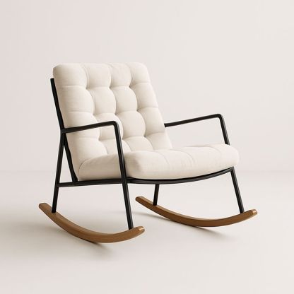 Fauteuil à bascule en lin crème avec cadre métallique noir-Havenoviva