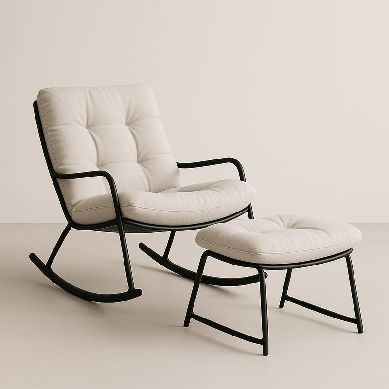 Fauteuil à bascule en métal noir avec tissu beige et repose-pieds-Havenoviva