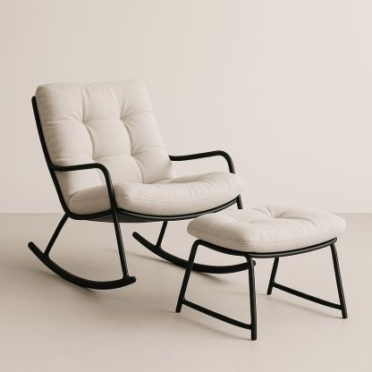 Fauteuil à bascule en métal noir avec tissu beige et repose-pieds-Havenoviva