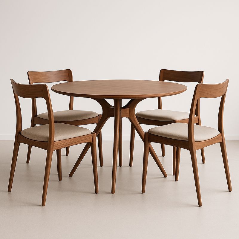 Table ronde en bois avec 4 chaises en tissu beige-Havenoviva