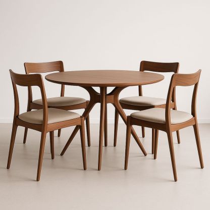 Table ronde en bois avec 4 chaises en tissu beige-Havenoviva