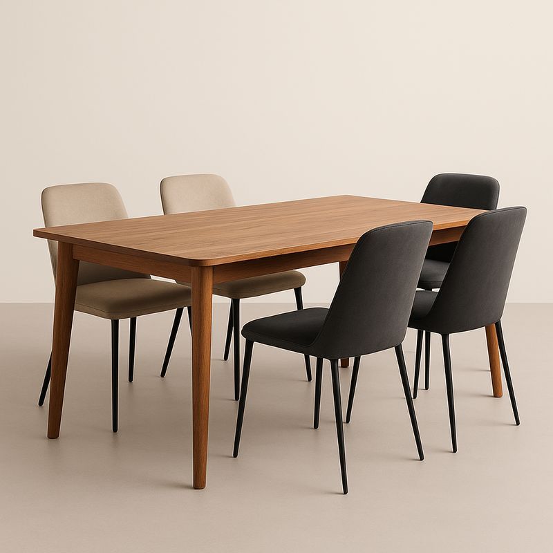 Table rectangulaire en bois avec 5 chaises en tissu-Havenoviva