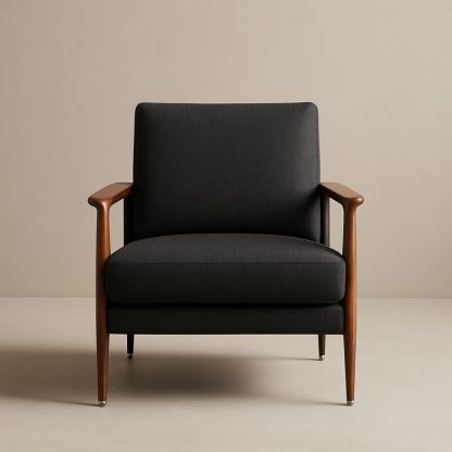 Fauteuil en tissu noir avec accoudoirs en bois-Havenoviva