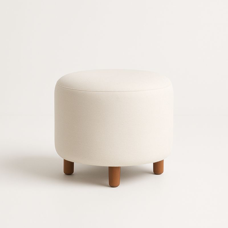 Tabouret rond en tissu beige avec pieds en bois-Havenoviva