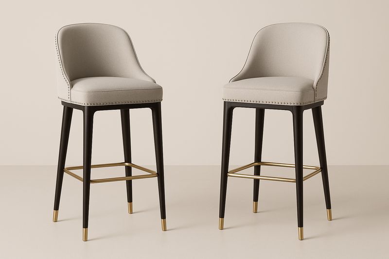 Tabouret de bar en tissu avec pieds en bois et repose-pieds en métal-Cosivita