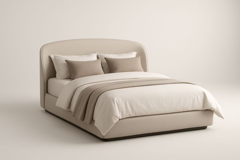 Lit double en tissu beige avec tête de lit incurvée-Cosivita