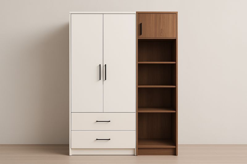 Armoire en Bois Blanc et Noyer avec Étagères et Tiroirs-Cosivita