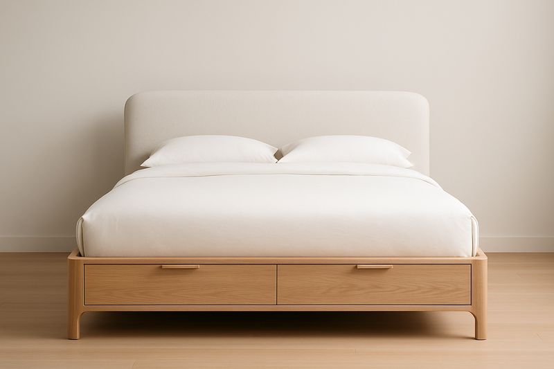 Lit double en bois avec tête de lit en tissu crème et tiroirs-Cosivita