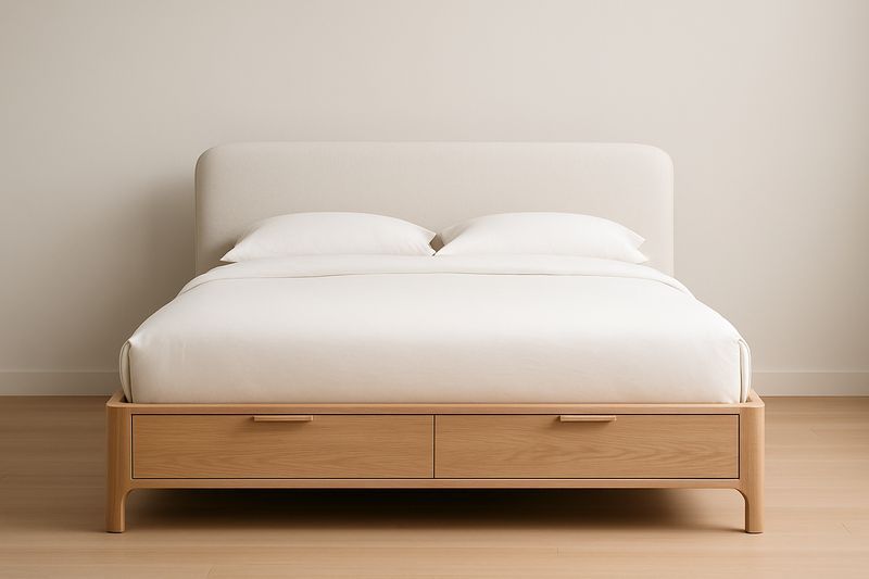 Lit double en bois avec tête de lit en tissu crème et tiroirs-Cosivita