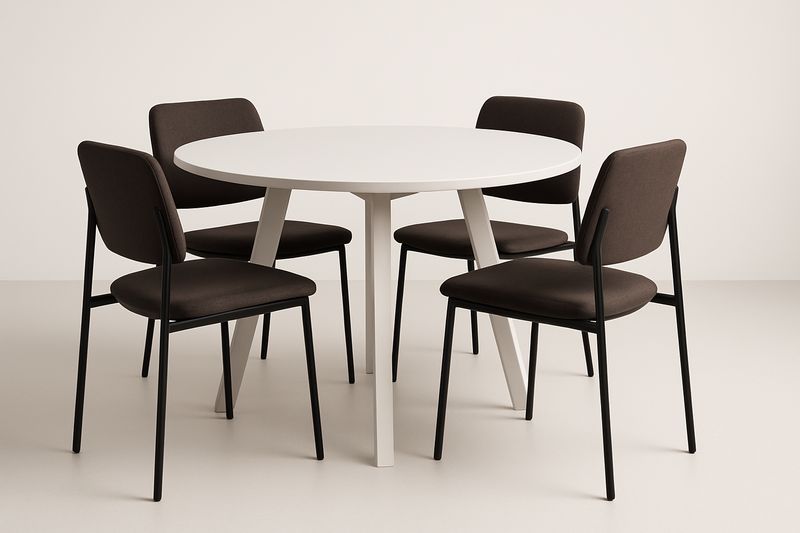 Table ronde en bois MDF blanc avec 4 chaises en tissu brun et structure métallique-Cosivita