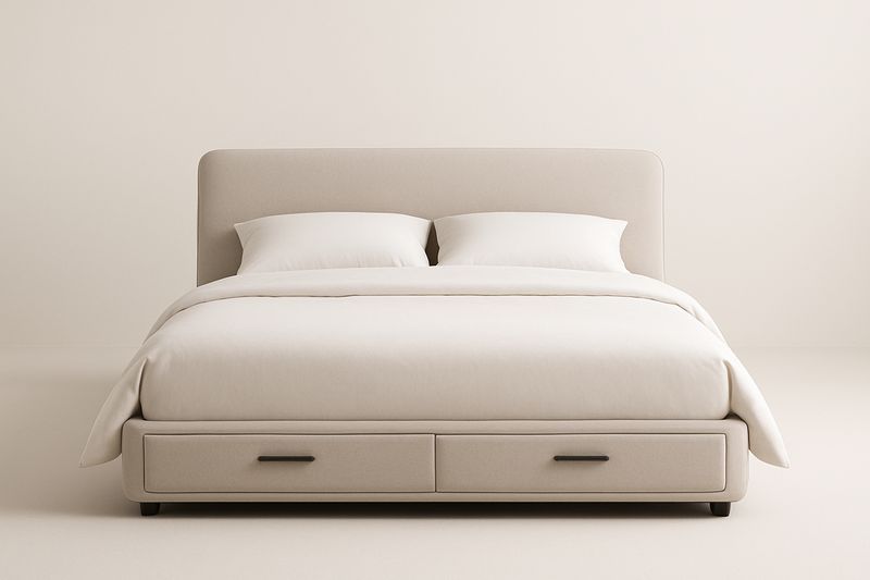 Lit double en tissu beige avec tiroirs 160x200 cm-Cosivita
