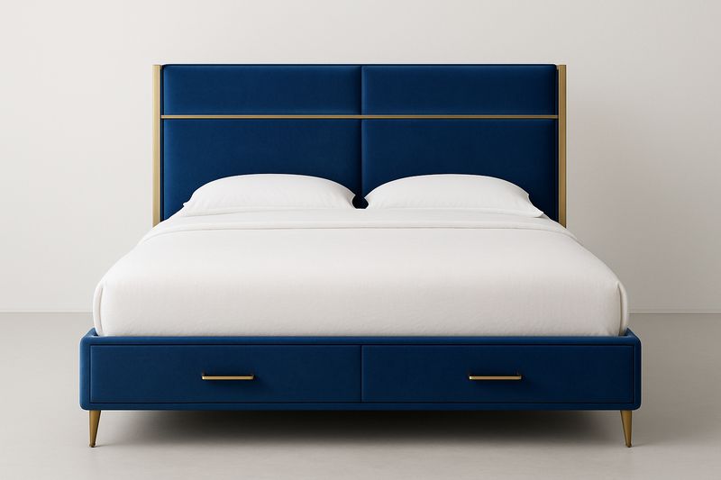 Lit double en velours bleu avec rangement en métal 160x200 cm-Cosivita