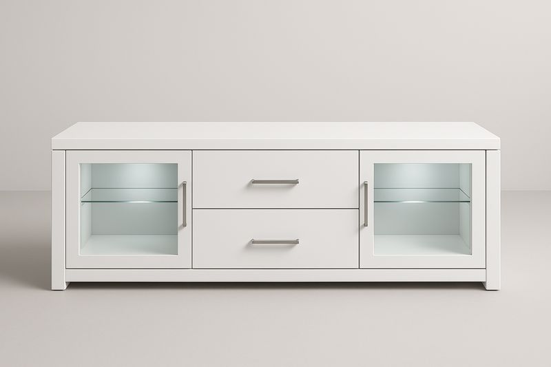 Meuble TV bois MDF et verre blanc avec tiroirs 150x45x50 cm-Cosivita