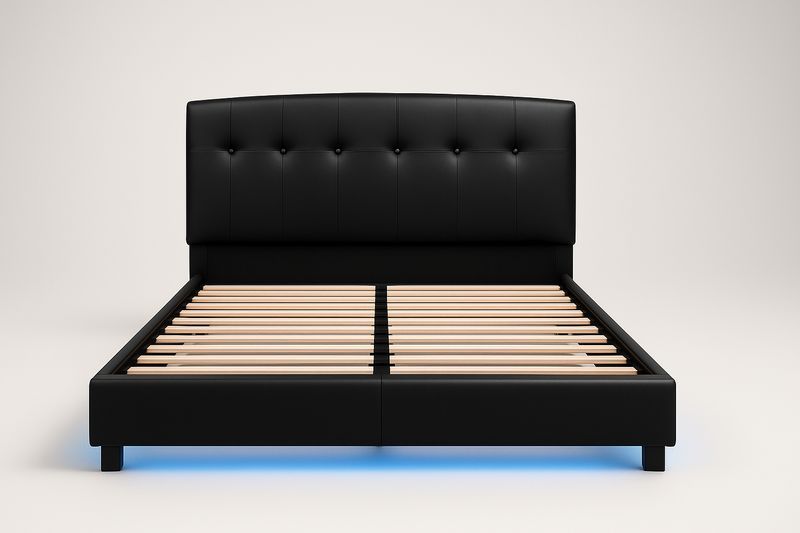 Cadre de lit double en cuir synthétique noir avec éclairage LED 200x160 cm-Cosivita