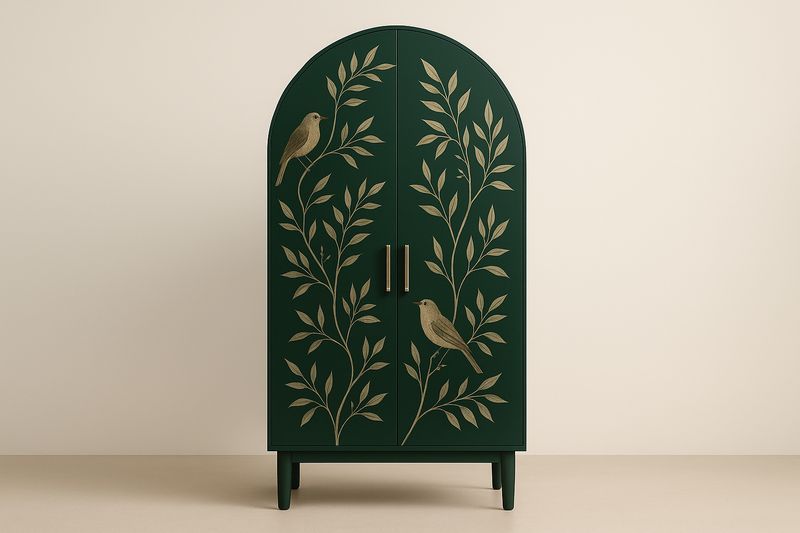 Armoire en bois avec motifs d'oiseaux verts foncés-Cosivita