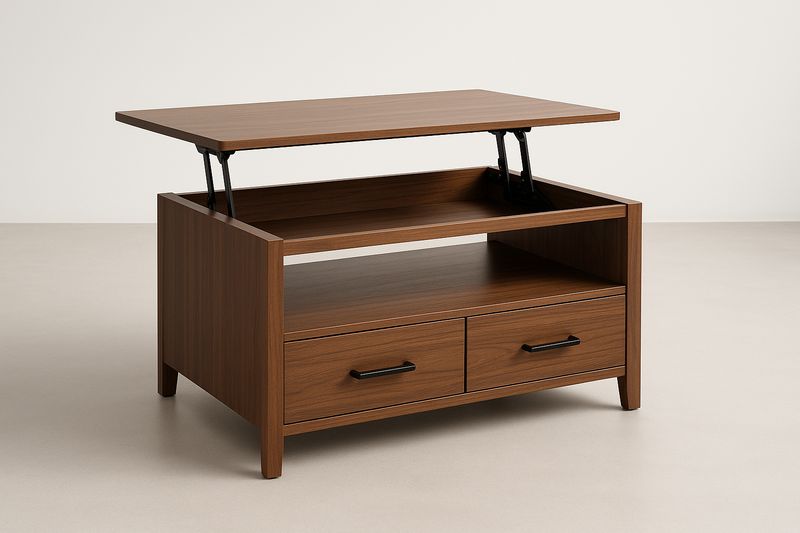 Table basse rectangulaire en placage de noyer avec tiroirs et mécanisme relevable 100x60x45cm-Cosivita