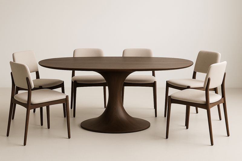 Table à manger ovale en bois noyer avec 6 chaises en tissu beige-Cosivita