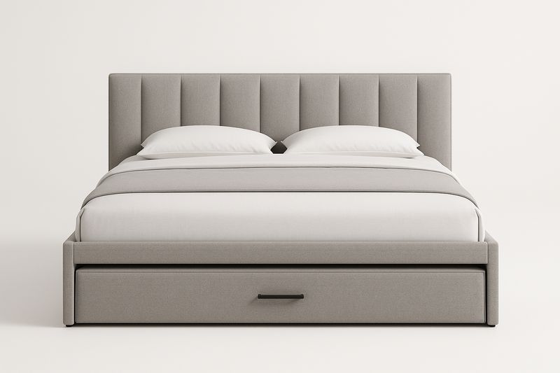 Lit double avec tête de lit en tissu gris avec tiroir 160x200 cm-Cosivita