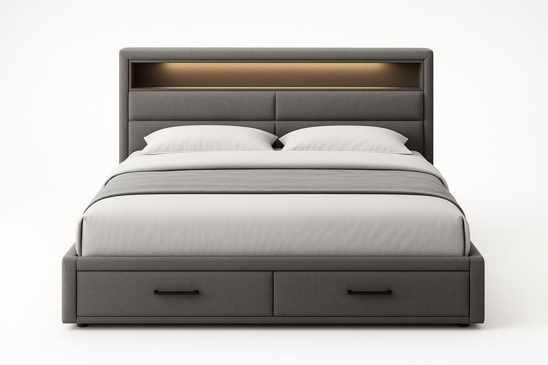 Lit double en tissu polyester gris avec rangement et éclairage intégré-Cosivita