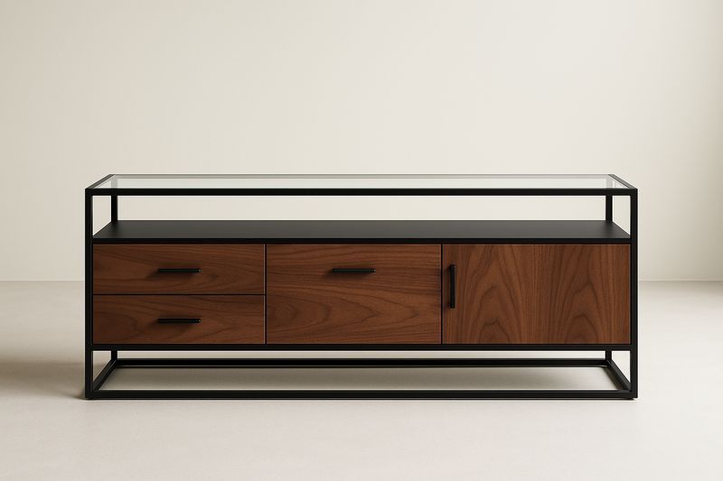 Meuble TV en Verre Trempé, Bois et Métal 150x40x50 cm-Cosivita