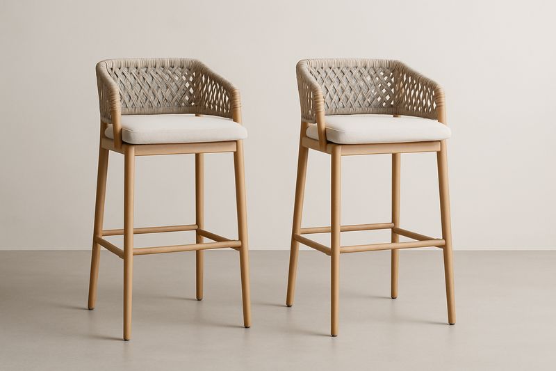 Lot de 2 tabourets de bar en bois et fibre synthétique Beige/Blanc-Cosivita