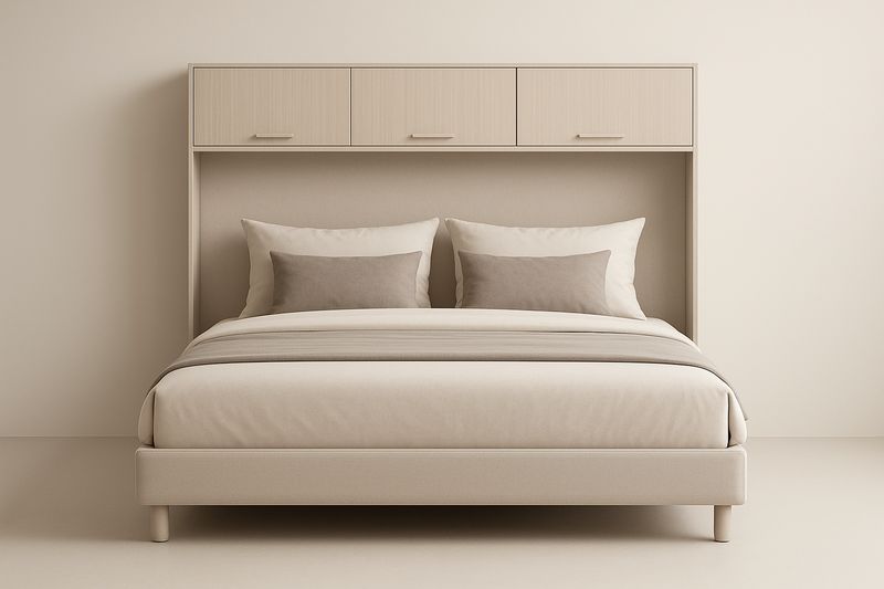 Lit double avec tête de lit rangement en bois et tissu polyester 160x200 cm Beige-Cosivita