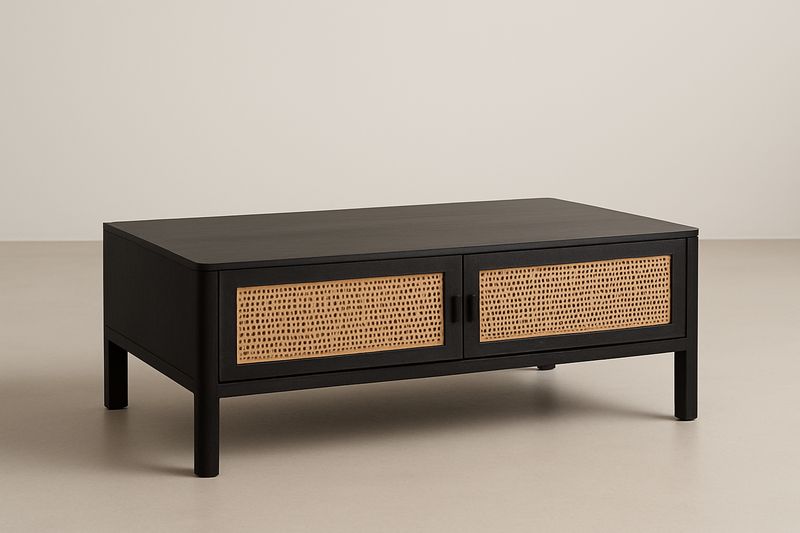 Table basse noire en bois et rotin 110x60x35 cm-Cosivita