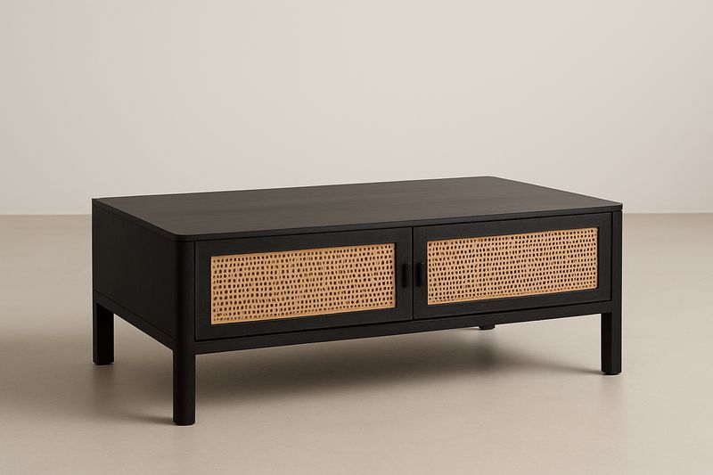 Table basse noire en bois et rotin 110x60x35 cm-Cosivita