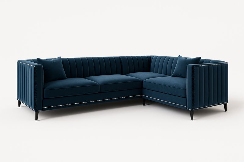 Canapé d'angle en velours bleu avec pieds en bois-Cosivita