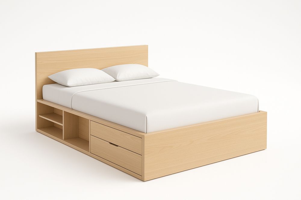Lit plateforme en bois de chêne avec rangements et matelas