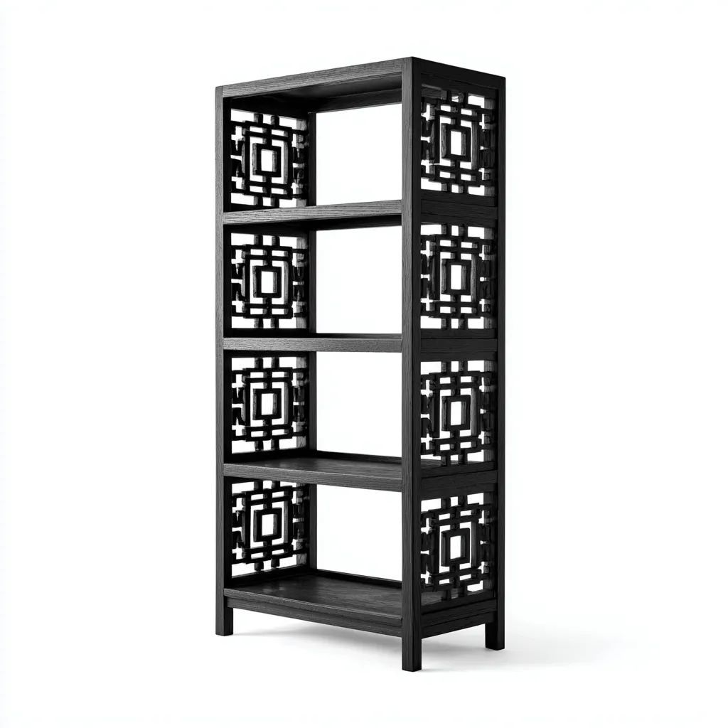 Bibliothèque en bois MDF 60x32x165 cm - noir - pour salon-bureau - design sculpté oriental-Warmthovae