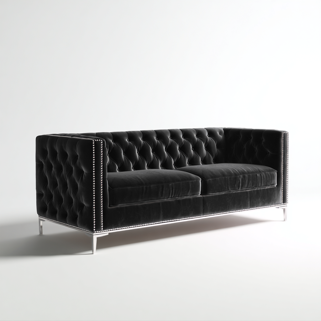 Canapé droit en velours 200x90x85 cm - noir - style moderne capitonné - pour salon-Warmthovae