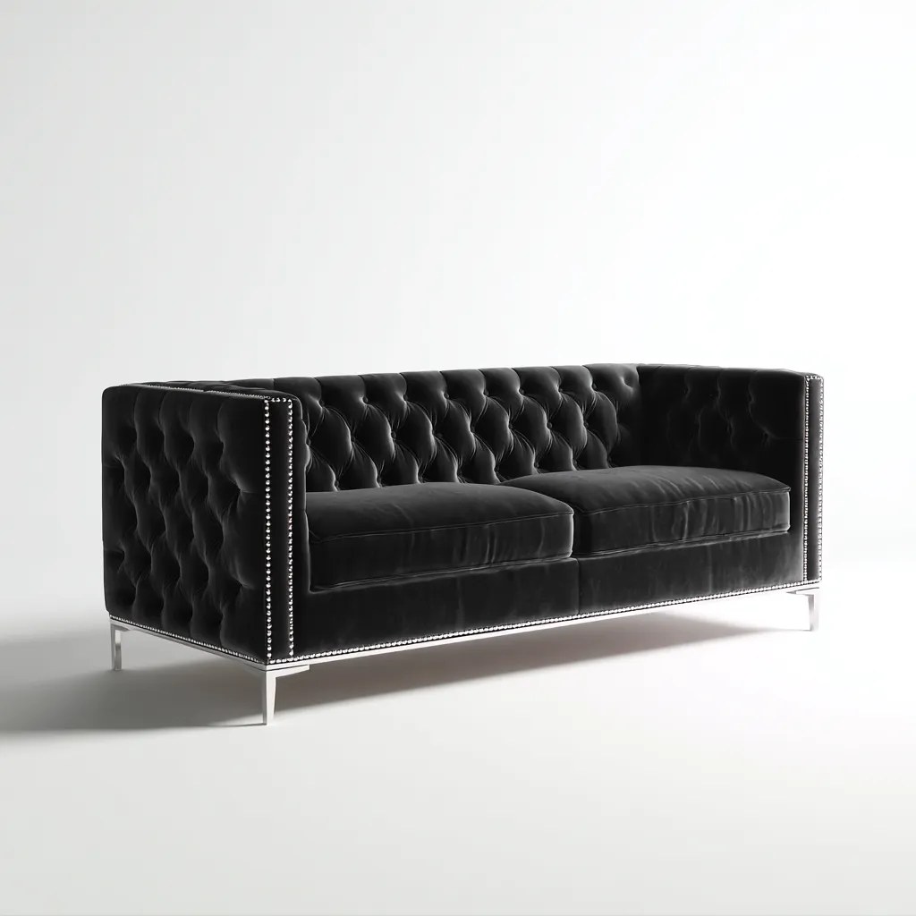 Canapé droit en velours 200x90x85 cm - noir - style moderne capitonné - pour salon-Warmthovae