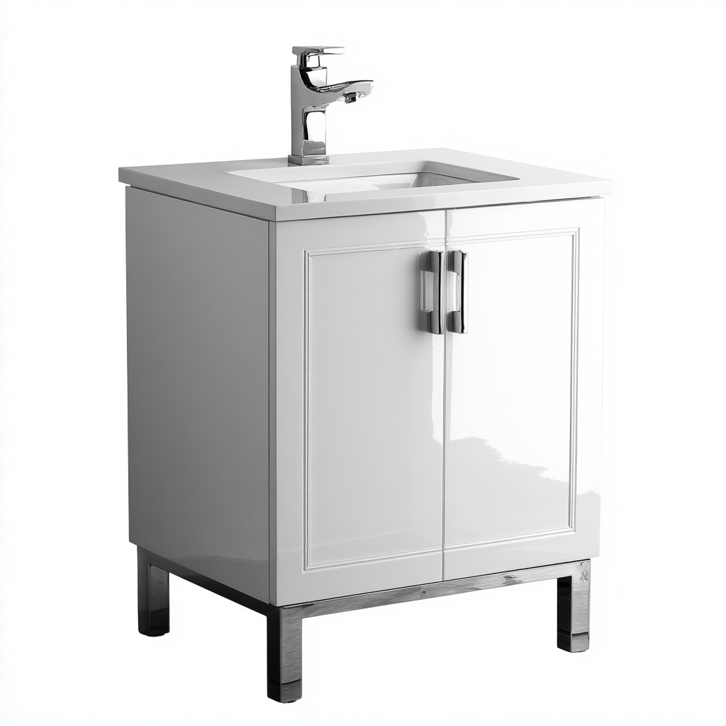 Meuble vasque en bois 60x45x85 cm - blanc brillant - design moderne - adapté pour salle de bain-Warmthovae