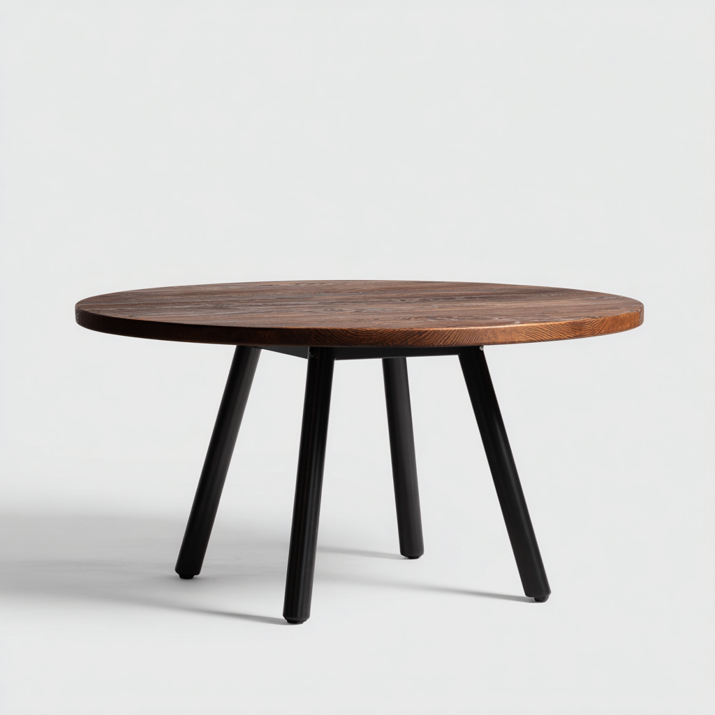 Table à manger ronde bois massif et pieds en métal 120x120x75 cm - noyer foncé - style moderne - adaptée pour salle à manger-Warmthovae