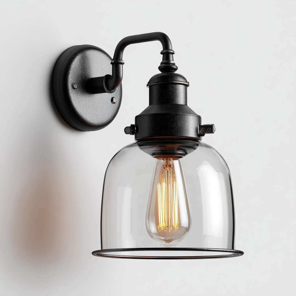 Applique murale métal-verre 18x14x28 cm - noir-transparente - style industriel décoratif - idéal pour salon-chambre-Warmthovae