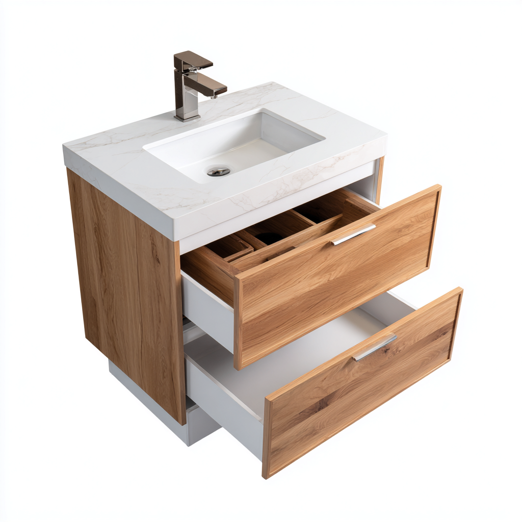 Meuble vasque en bois 60x45x85 cm - bois naturel-blanc - design moderne - adapté pour salle de bain-Warmthovae