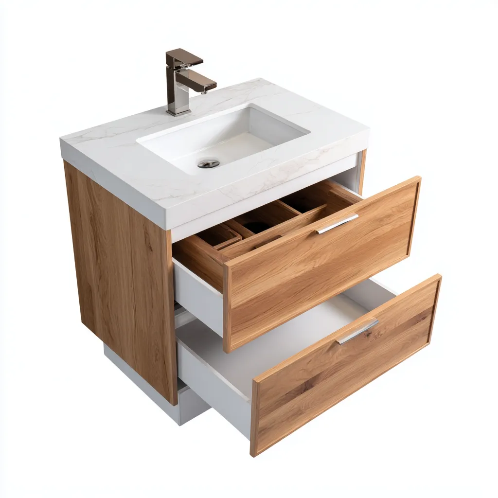 Meuble vasque en bois 60x45x85 cm - bois naturel-blanc - design moderne - adapté pour salle de bain-Warmthovae