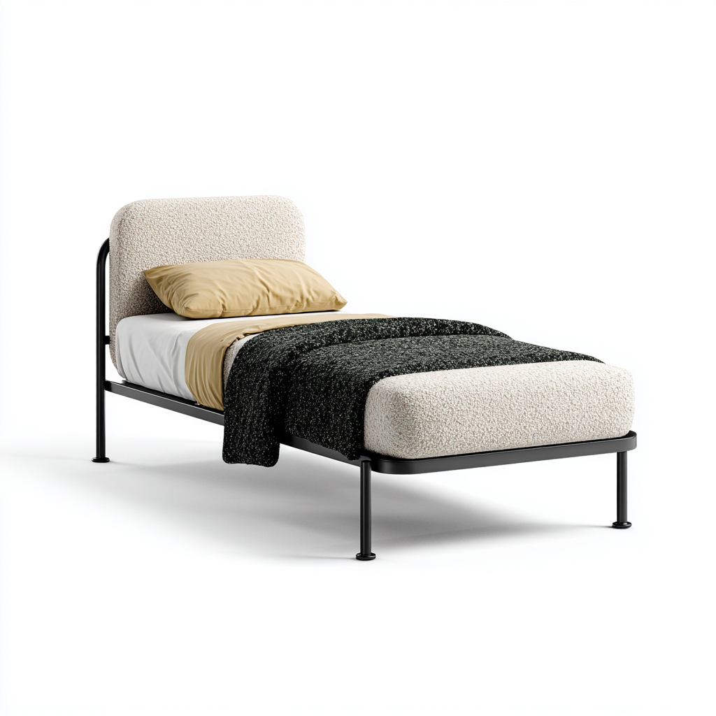 Lit simple en métal et tissu bouclé 200x90x80 cm - blanc-noir - design moderne - adapté pour chambre-Warmthovae